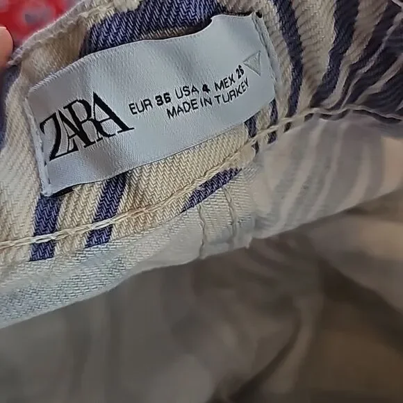 Zara -027 Blue Cream Wavy Squiggle Printed High Rise Straight Fit Jeans - Size 4 - Picture 3 of 5